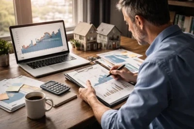 real estate investor analyzing market trends and property data