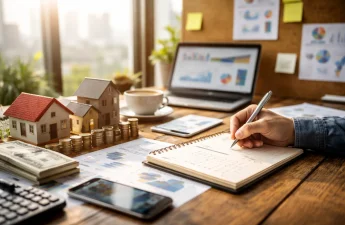 real estate investor reviewing notes and financial plans on desk