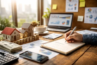 real estate investor reviewing notes and financial plans on desk
