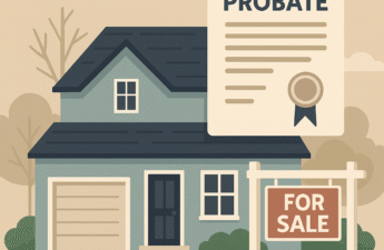Illustration of a Michigan house with a probate document and for sale sign symbolizing estate property sale.