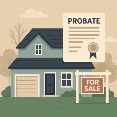 Illustration of a Michigan house with a probate document and for sale sign symbolizing estate property sale.