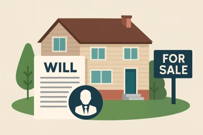 Illustration of a Michigan house with a will document and for sale sign symbolizing selling inherited property.