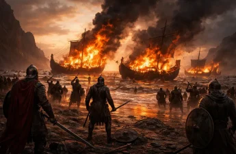 warriors burning ships on shore symbolizing no turning back risk commitment business mindset