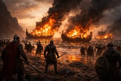 warriors burning ships on shore symbolizing no turning back risk commitment business mindset