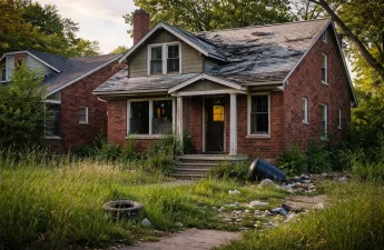 vacant house in Detroit with overgrown yard and visible neglect