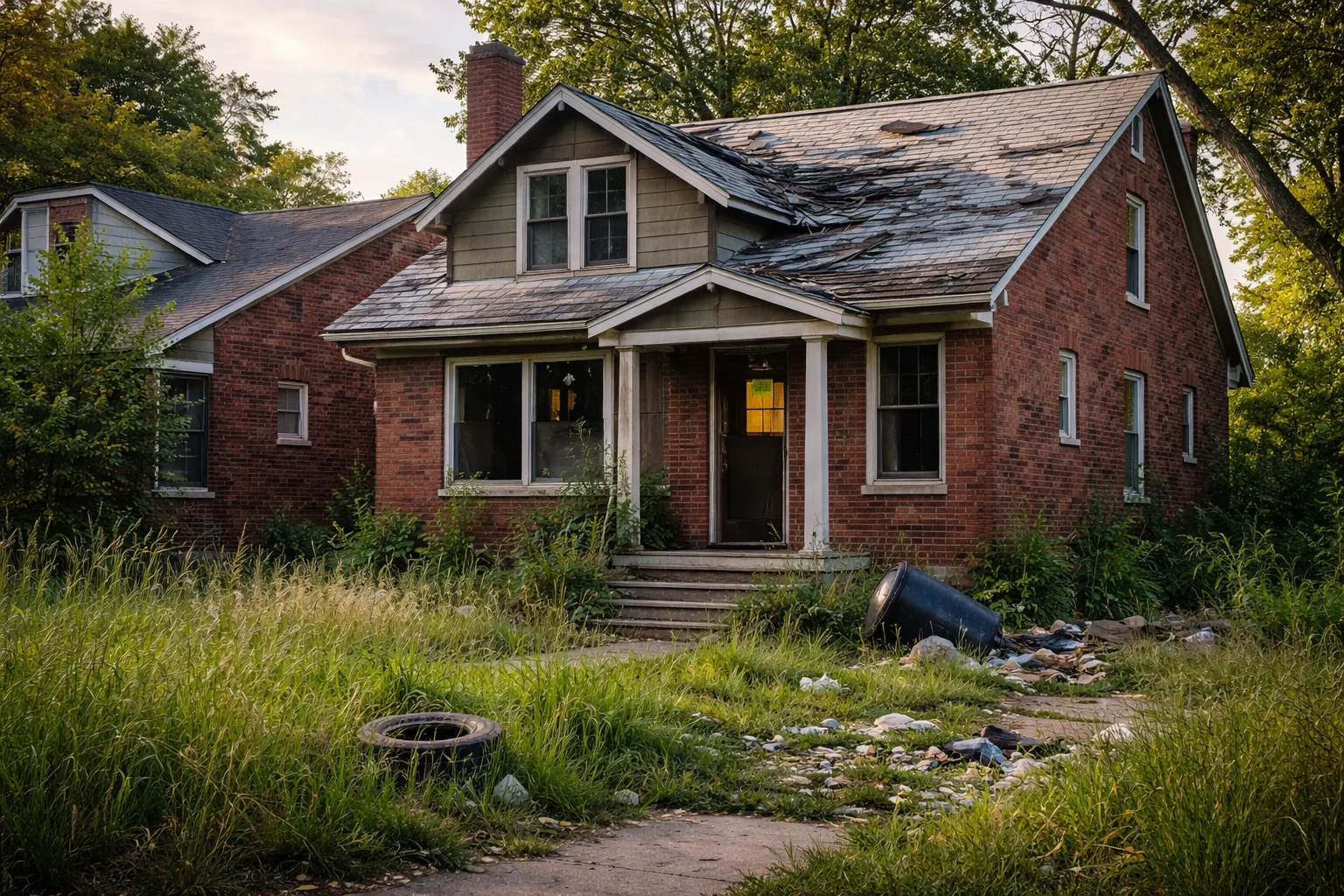 vacant house in Detroit with overgrown yard and visible neglect