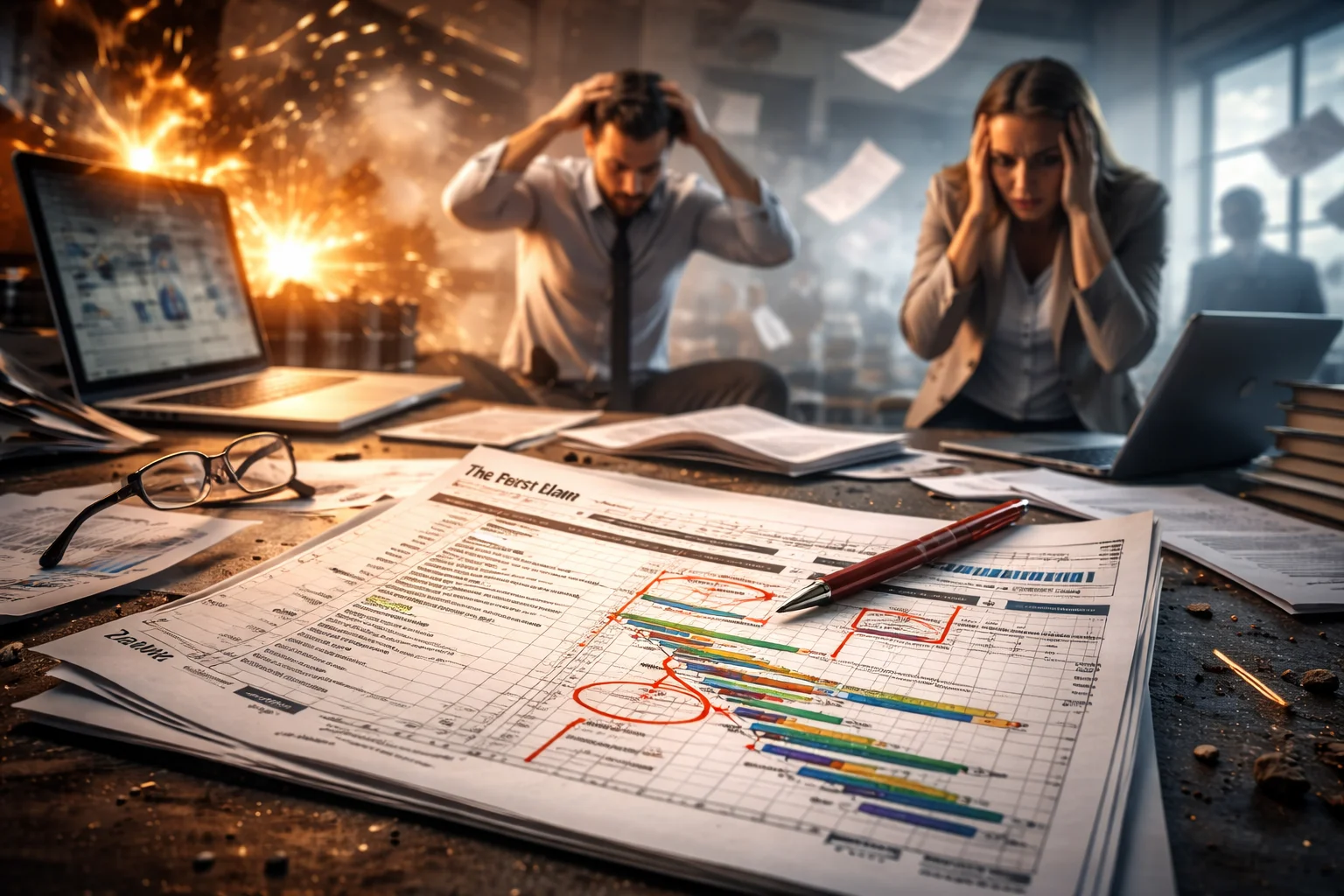 project plan breaking down under pressure with team reacting to unexpected issues