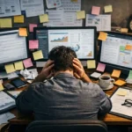 person working at desk with multiple screens and tasks showing busy but unfocused work