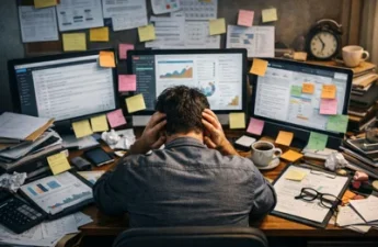 person working at desk with multiple screens and tasks showing busy but unfocused work