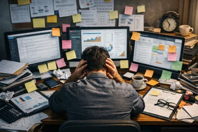 person working at desk with multiple screens and tasks showing busy but unfocused work