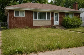 brick ranch house in Michigan with slightly overgrown grass during probate